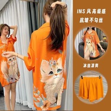 夏季衬衫睡裙性感冰丝短袖睡衣女短裤甜美卡通宽松薄款家居服套装