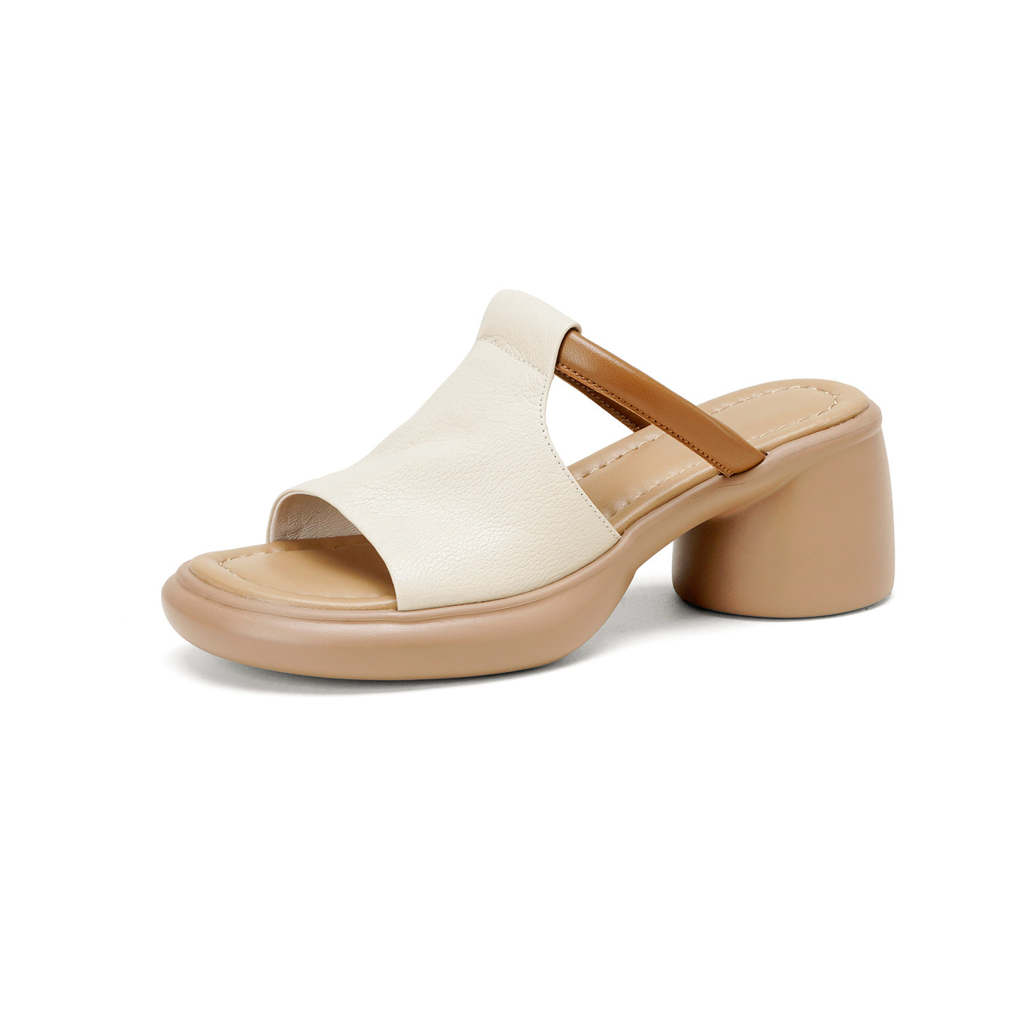 Sandal nữ hở mũi gót vuông đế dày da dê cao cấp — màu trắng ngà