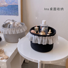 小香風ins桌面收納筐棉繩蕾絲花邊化妝品彩妝鑰匙雜物環保收納榕