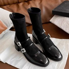 羊皮版 ~ フランス式の水ドリルの弾力性の痩せた靴の女性のメアリー珍の靴下の靴はスカートの太さと気質のショートブーツを配合します。