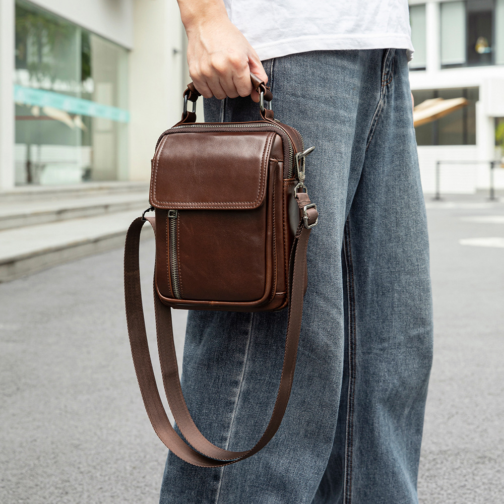 Túi đeo chéo nam da thật phong cách casual kiểu nắp gập, dáng vuông nhỏ tiện lợi — Đen, Nâu, 18*9*24cm