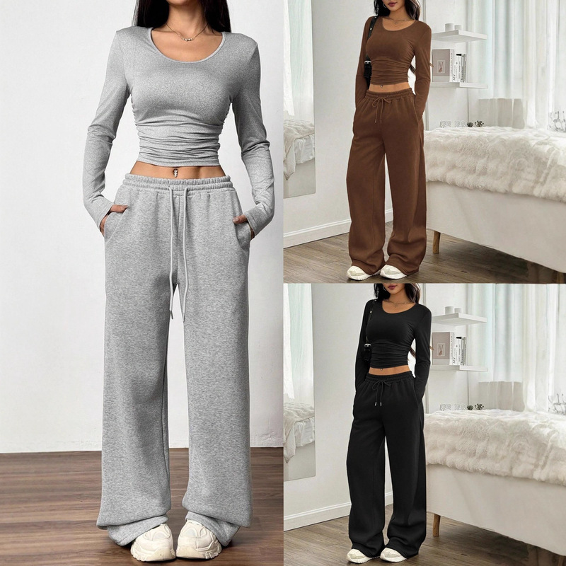 European and American Women's Clothing Cross-Border Fashion Casual Wide-Leg Pants Long-Sleeved Round Neck Solid Color Slim Two-Piece Autumn and Winter Suit European and American Women's Clothing Cross-Border Fashion Casual Wide-Leg Pants Long-Sleeved Round Neck Solid Color Slim Two-Piece Autumn and Winter Suit