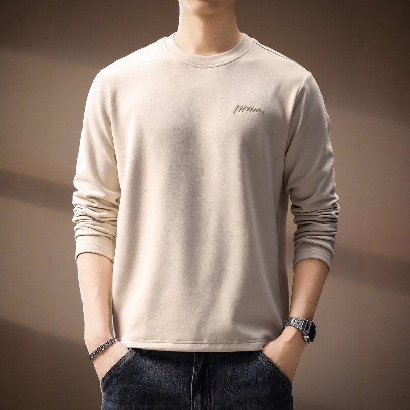High-End Japanese-Style Retro Simple Letter Embroidery Long-Sleeve T-Shirt for Men, New Spring Model, Solid Color Casual Loose-Fitting Base Shirt
