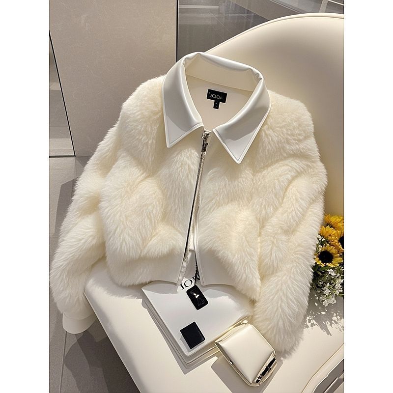 Luxury Winter White Faux Rabbit Fur Short Coat - Elegant & Cozy Women's Fleece Top For Office & Casual Wear_voghion.com