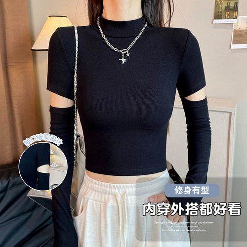 Threaded black navel half-high-neck bottomed shirt for women in autumn and winter with a foreign-style design long-sleeved slim top