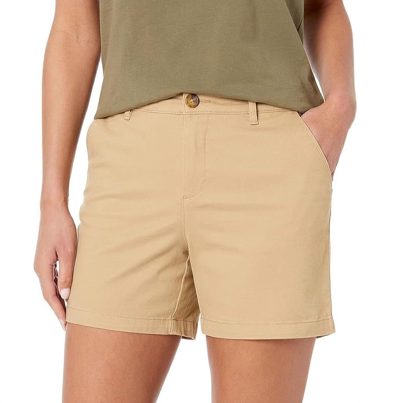 2025 Amazon Cross-Border Women's Mid-Waist Slim Fit 5inch Inner Seam Khaki Shorts Simple and Versatile Wholesale