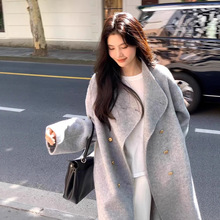 韩系名媛轻奢设计感长毛双面羊毛大衣双排扣气质高级感毛呢外套女