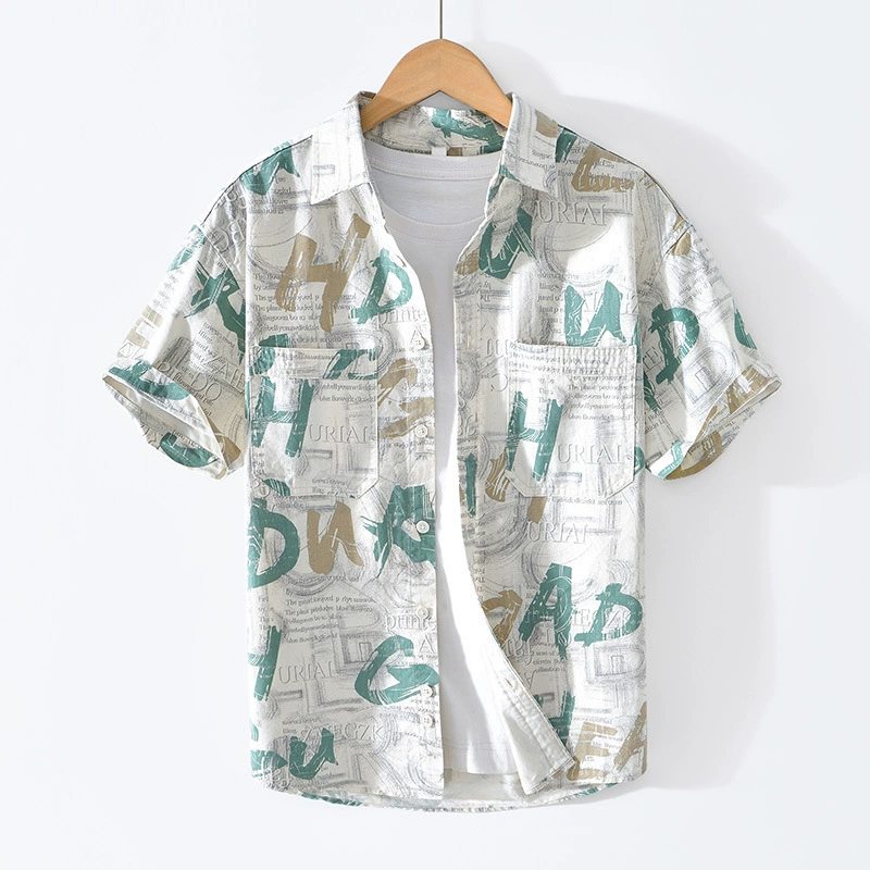 2190 буквенные принты с короткими рукавами хлопчатобумажная рубашка модная тенденция свежая свободная повседневная рубашка