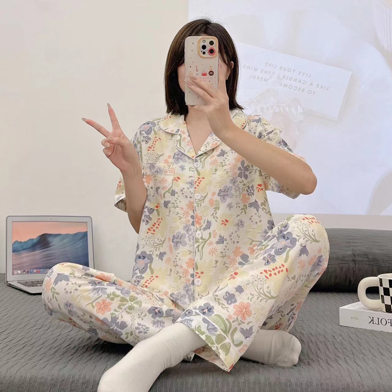 Pajamas de espuma tejidos de verano de algodón pantalones largos de mangas cortas ropa para el hogar de verano delgada de algodón conjunto de dos piezas