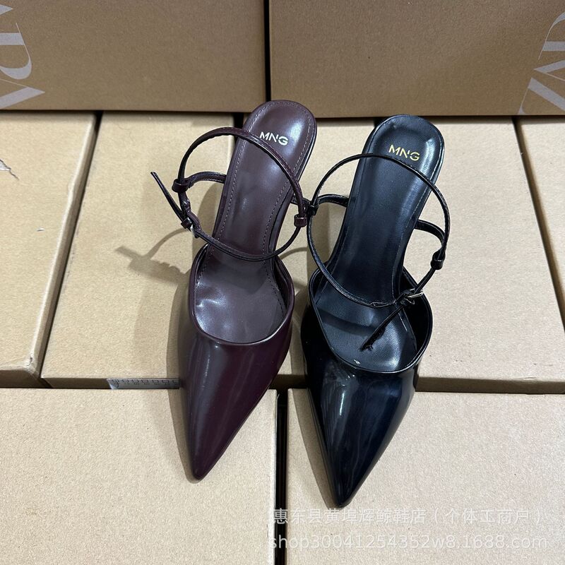 Mng Mango Sandals for Women, Closed-Toe, 2025 Autumn New Style, Single Strap, Shallow Mouth, Patent Leather, Pointed Toe, Thin High Heels