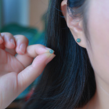 天然翡翠蓝水耳钉925银圆珠镶嵌耳环时尚简约气质中国风直播耳饰
