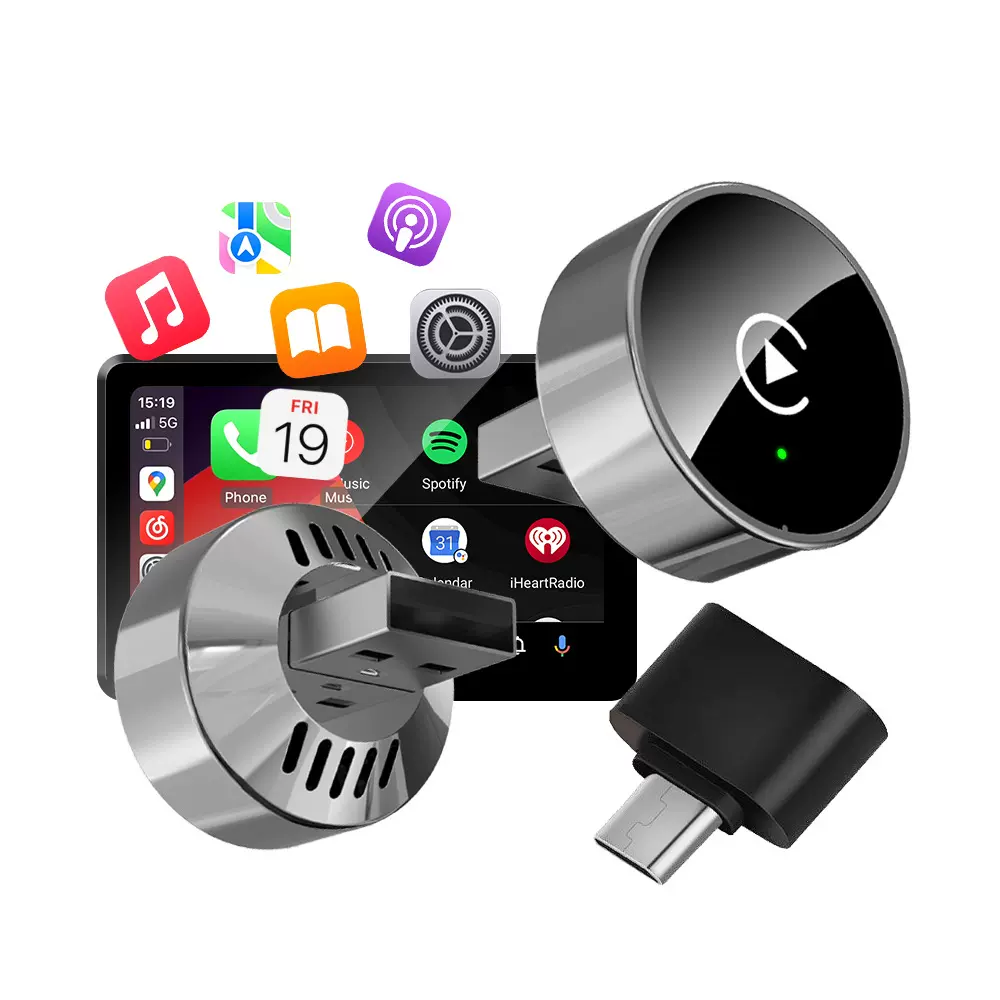 新款圆形有线转无线Carplay盒子安卓auto二合一汽车车载互联跨境
