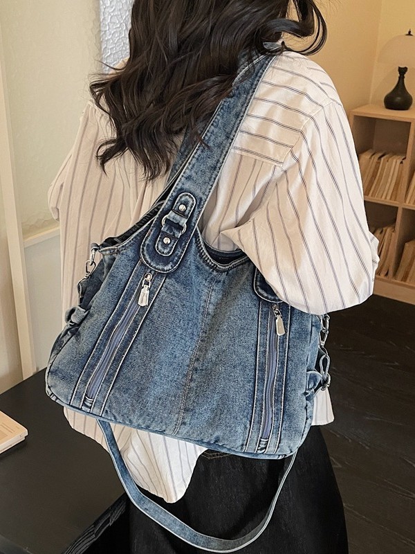 Bolsas de tendencia transfronteriza de gran capacidad para mujeres 2026 primavera nuevo retro jeans mochila de viaje simple tote