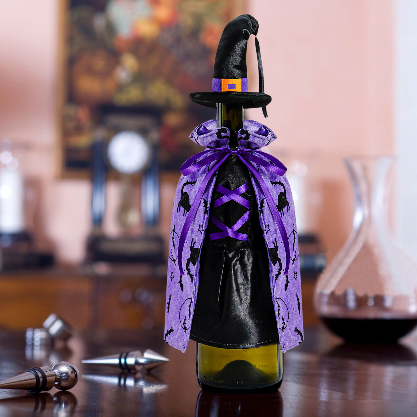 Transfronterizo de Halloween botella de vino cubierta decoración de capa de bruja negra sombrero cubierta de botella de vino vampiro cubierta de botella de vino decoración cubierta de botella
