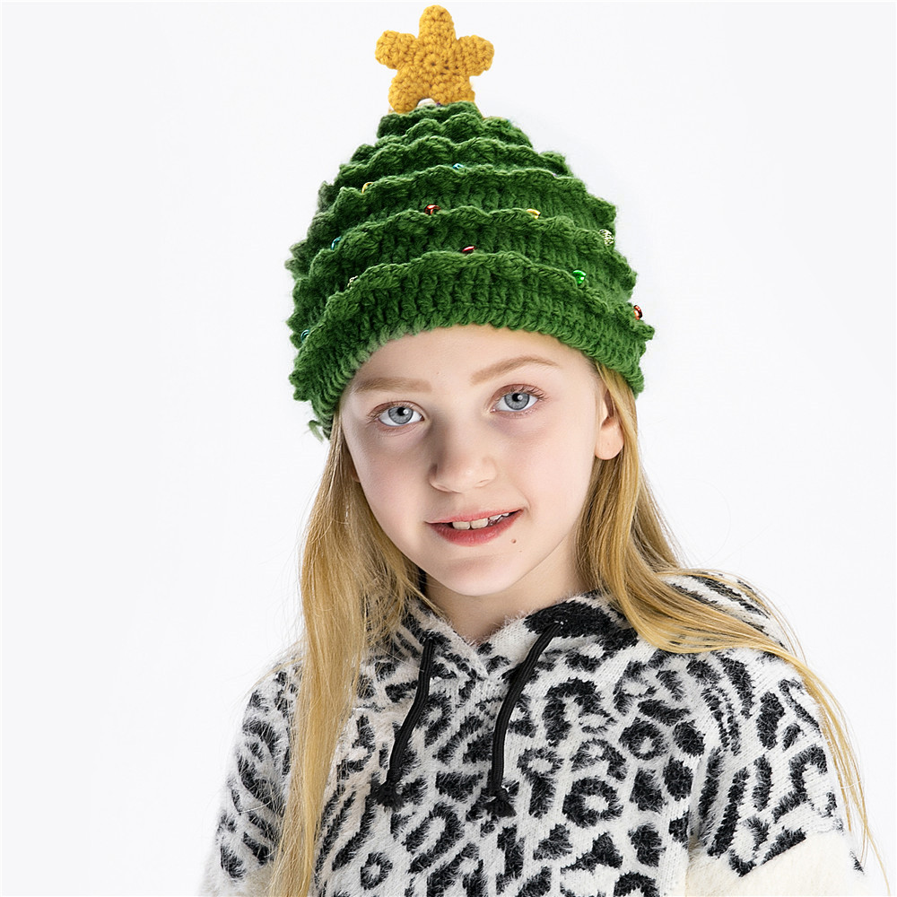 秋冬新款亲子帽子西方圣诞节成人儿童帽圣诞树星星毛线帽保暖礼品