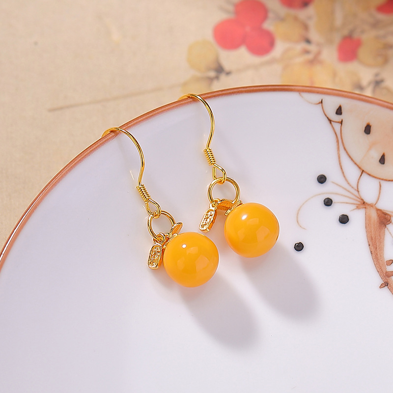 Bông tai bạc S925 mạ vàng họa tiết quả hồng men Ruyi phong cách Trung Hoa — Một cặp