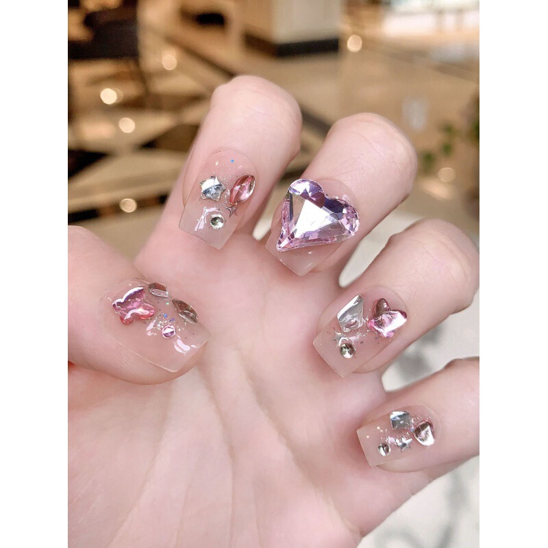 [original Real Shot] Purely Handmade Wearable Nails Internet Celebrity Sparkling Full Diamond Manicure Patch Finished Product Ice Transparent Whitening Nails