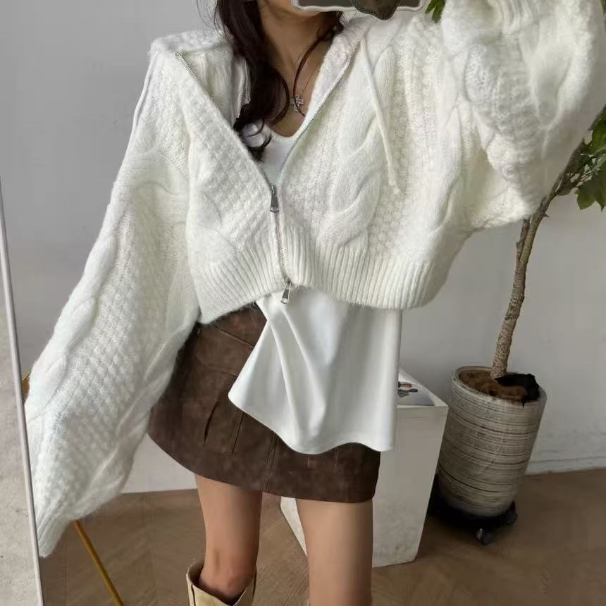 Otoño y invierno nuevo casualidad con capuzas con cremallera de manga larga camiseta de punto coreana para reducir la edad suéter corto de torsión suelta para mujeres image 5