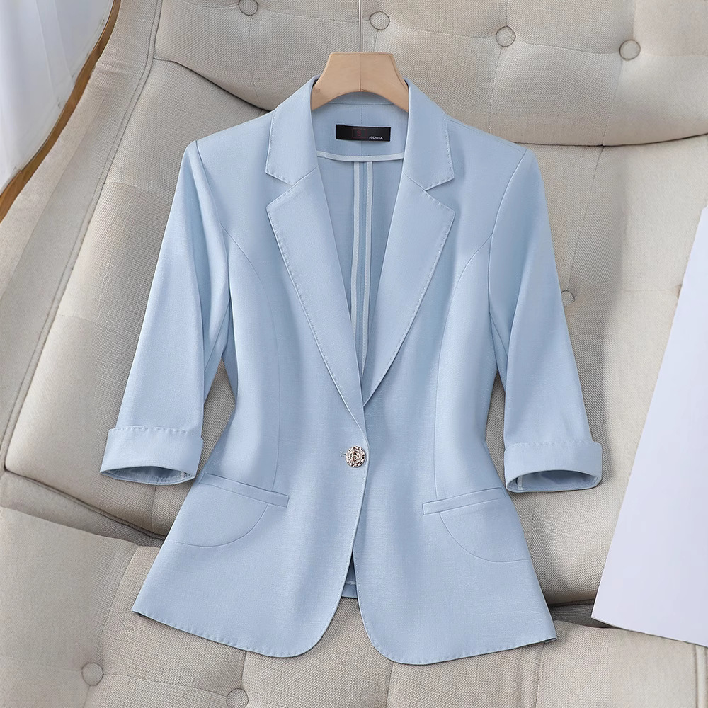 Light Blue Blazer Women's Thin Three-Quarter Sleeve Summer 2024 New Slim Fit Slim Suit Top