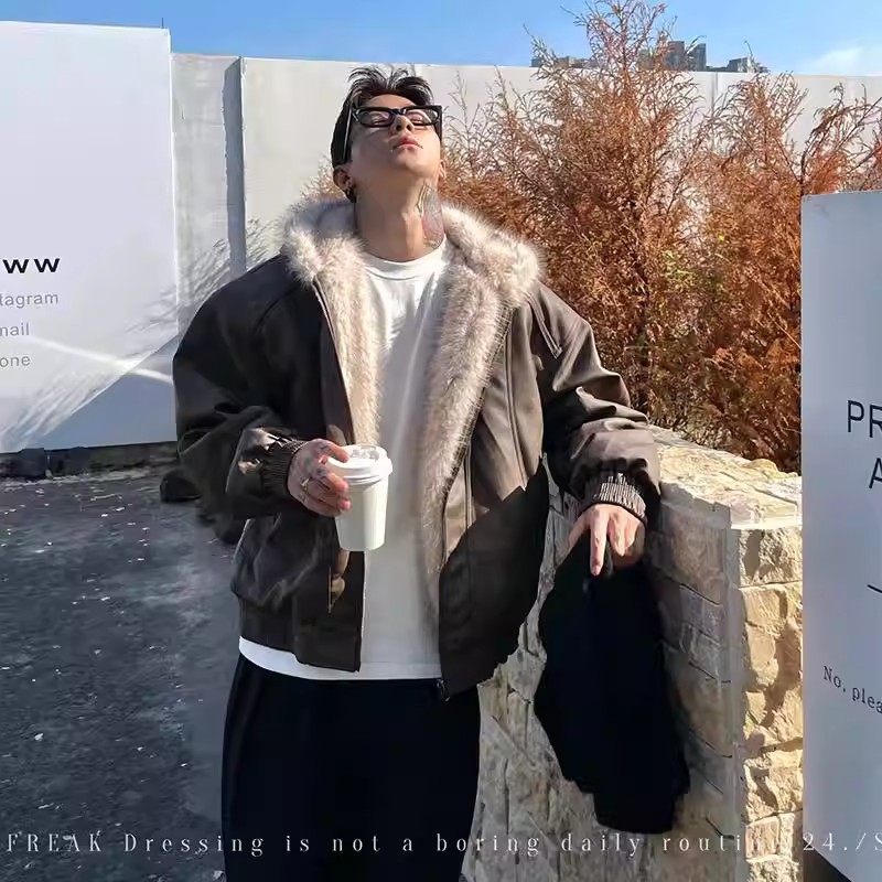 cleanfit毛领PU皮外套男连帽冬季座山雕加厚棉服宽松美式复古外套