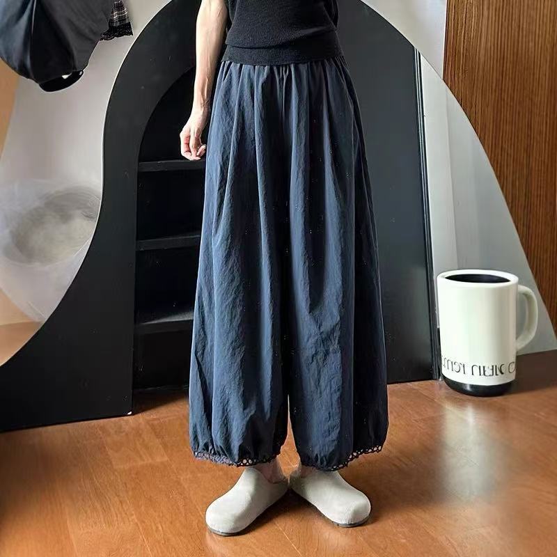 日本製ランタンワイドレッグパンツレディース夏薄いファットガールmmルーズスリミングネイビーブルー9点バルーンカジュアルパンツ|undefined