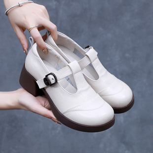 2025 Genuine Leather Shoes Thick-Soled Soft Leather Thick Heel Medium Heel British Style Retro Soft-Soled Small Leather Shoes for Middle-Aged Mothers in All Seasons