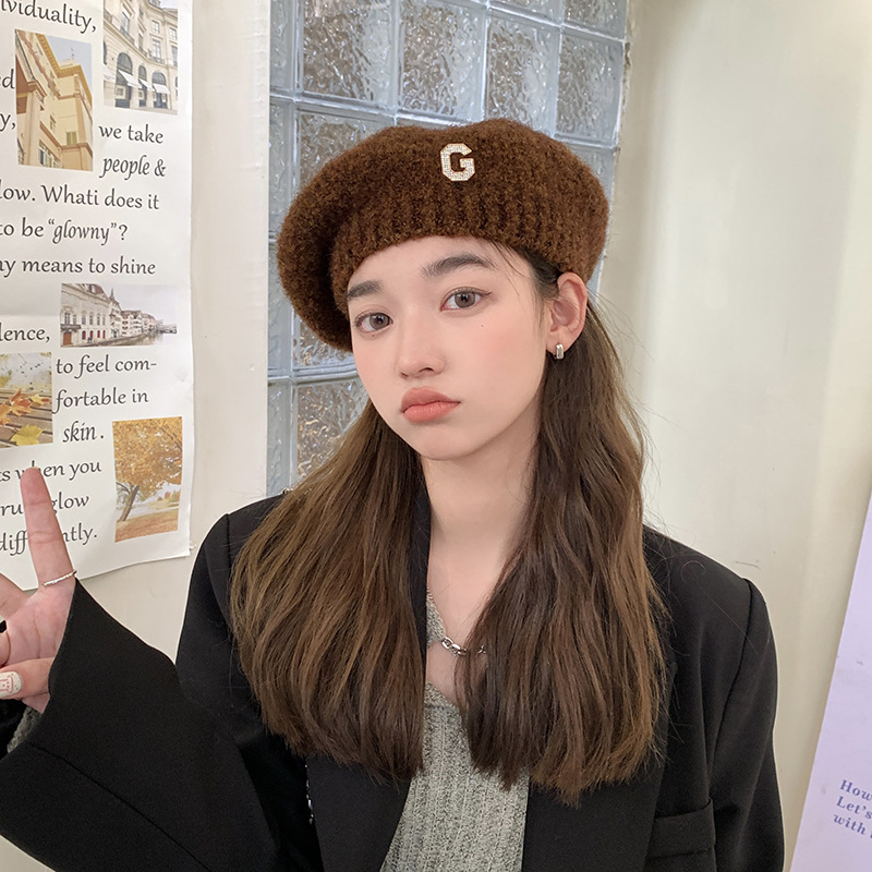 Neue japanische Plüsch-Malermütze, koreanische Version, modische und niedliche Strickmütze, Herbst und Winter, neue Damen-G-Label-warme Baskenmütze_voghion.com