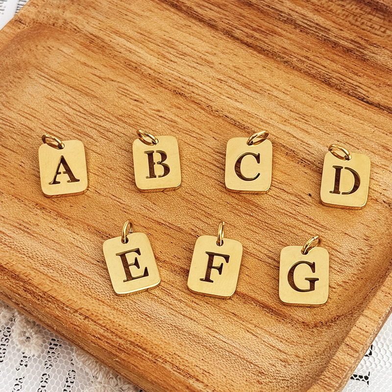 European and American Fashion Titanium Steel Square 26 English Letter Pendant DIY Charm Stainless Steel Hollow Letter Necklace Pendant