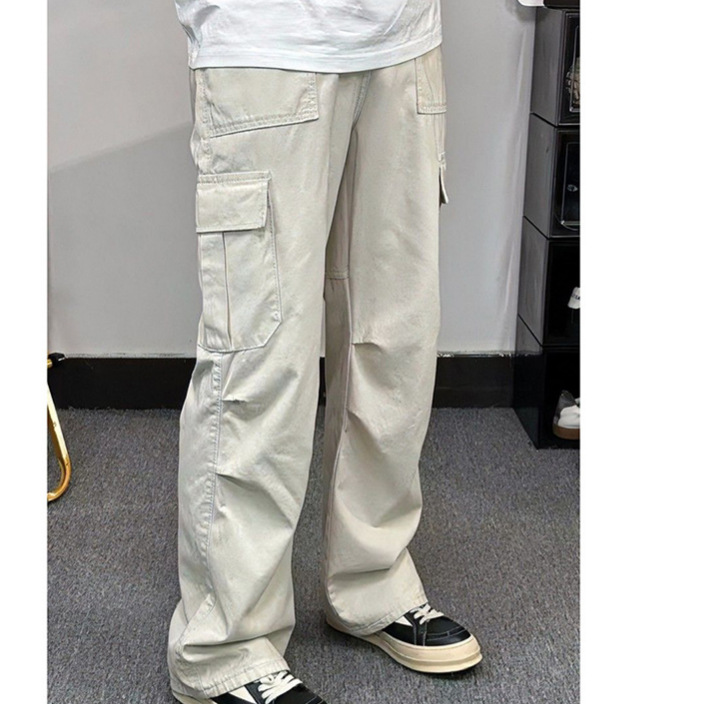 creamy-white Multi-Pocket Crane Pants Men's Summer Thin Design Pleated Pants Quick-Dry American-Style Drop Parachute Pants