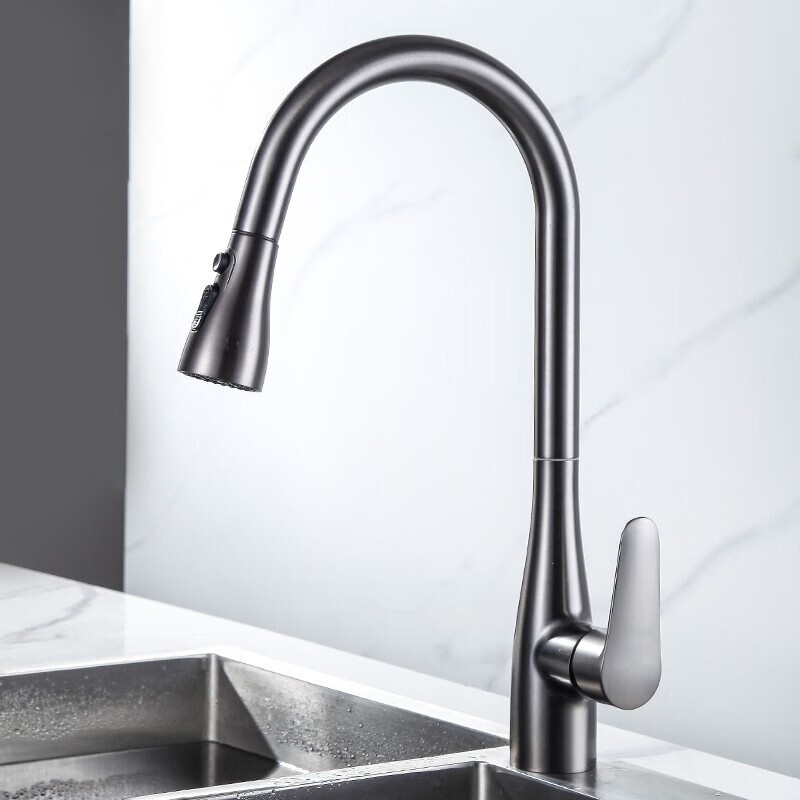 Cross-Border Copper Core Telescopic Pull-Out Kitchen Faucet Gun Gray Electroplated Hot and Cold Sink Faucet