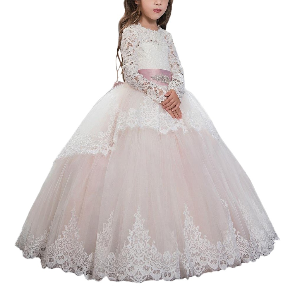 Comercio exterior transfronterizo nuevo encaje doble manga larga invierno bola flor chica pettiskirt vestido de novia entrega de una sola pieza
