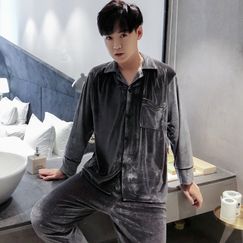 Oro de terciopelo pareja pijamas de las mujeres de estilo coreano de otoño y traje de invierno más tamaño de la boda de manga larga cardigan desgaste del hogar hombres