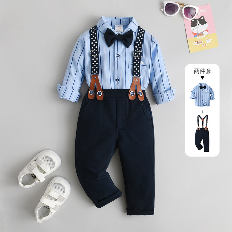 Ropa infantil transfronteriza primavera y otoño pantalones tirantes a rayas niños traje ropa de bebé niño Caballero vestido niño ropa de otoño