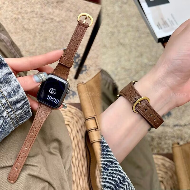 Suitable for Applewatchs10Ultra Slim Waist Ins Leather Strap Apple Watch S9876Se Slim Model