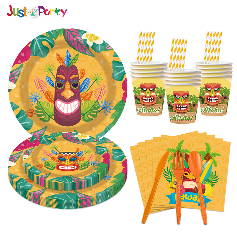 New Hawaiian Tiki Palm Leaf Birthday Party Decoration Disposable Paper Cups Paper Trays Paper Towels Tableware Supplies