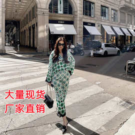 2022 夏季新款女装欧美翻领长袖衬衫高腰系带几何印花休闲裤 套装
