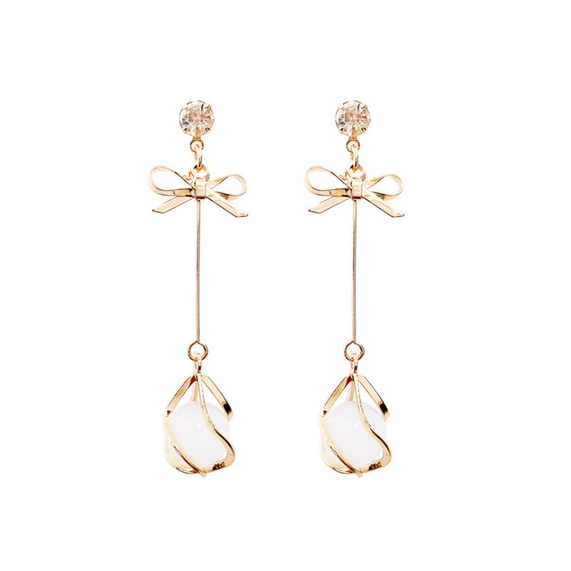 Earrings silver 925, bow design with cat's‑eye drop, lightweight dangle, trend seasonal style