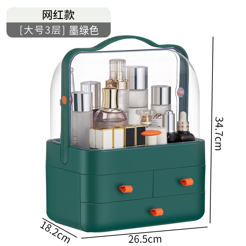 Cosmetic Storage Box, 3-Layer Makeup Organizer with Drawers & Transparent Hood, Portable Handle