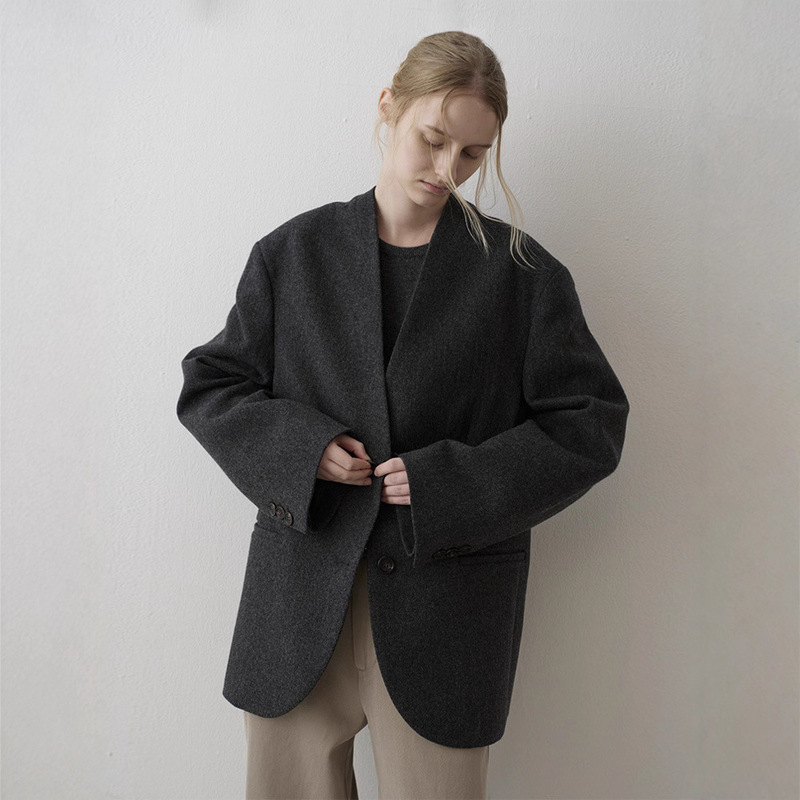 In-Stock Fa*Ade Pa*Ttern Wool Collarless Jacket for Women, Korean Early Autumn Casual Oversized Two-Button Blazer
