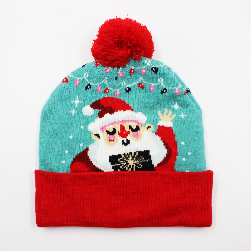 Fabricante transfronterizo de gorros navideños europeos y americanos tejidos en jacquard, gorros navideños de lana con luces LED, gorros navideños con pompón y bufandas. image 21