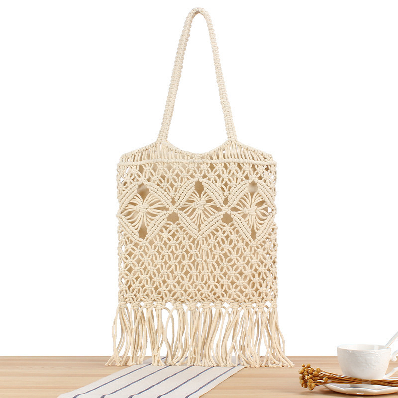 Dropshipping Bohemian Style Cotton Rope Hand-Woven Bag Leisure Travel Shoulder Retro Hollow Solid Color Mesh Bag