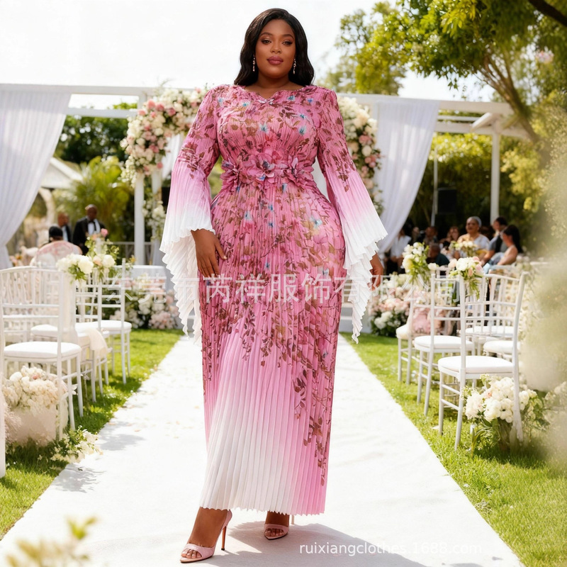 Miyaki Miyake Pleated European and American Elegant Women's High-End Organza Printed Evening Dress Long-Sleeved Waist Cross-Border