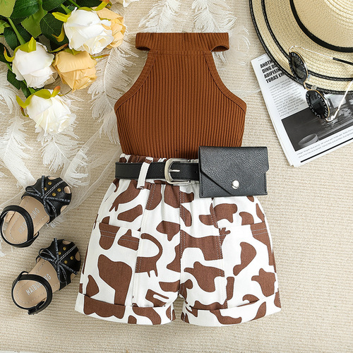 New style children's clothing for export trade, summer clothes for girls, ins, summer set for girls, strapless shirt with stripes, shorts, waist bag, 2-piece set 