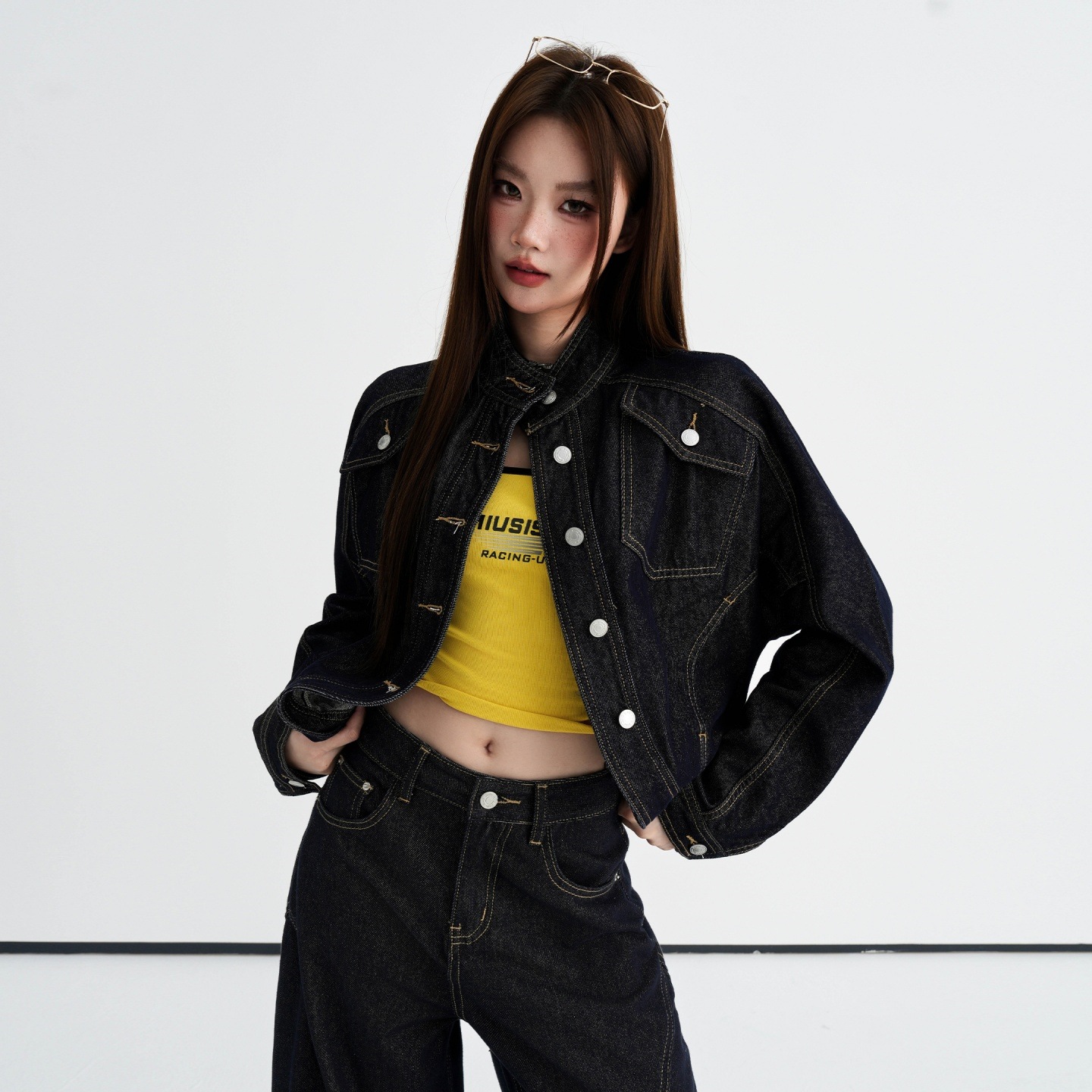 跨境深蓝色立领弧形落肩分割设计感牛仔服女早秋新款宽松休闲百搭