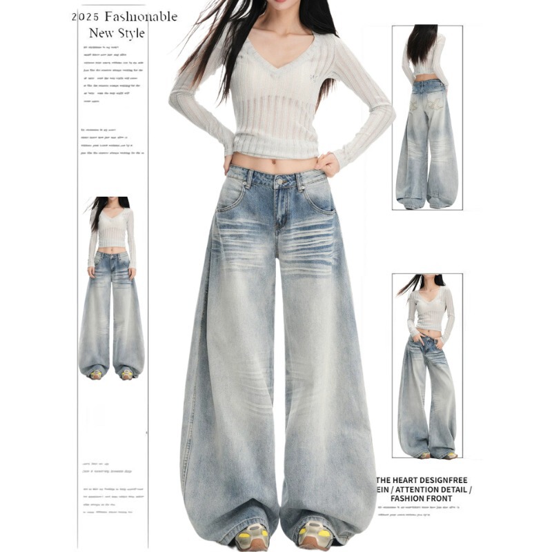American-Style Light Blue Wide-Leg Jeans for Women, Spring and Autumn 2026 New Design, Washed with a Three-Dimensional Whisker Effect, Curved Cut Long Pants