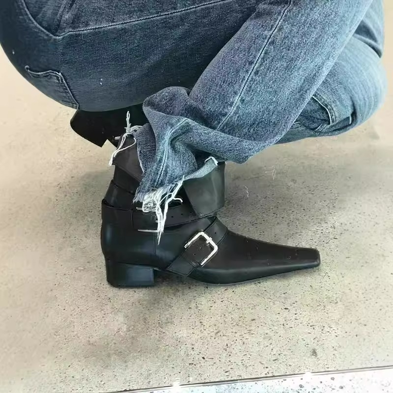 Bottes de cowboy western réversibles à bout carré en cuir véritable, spécialement conçues pour les femmes, bottes d'équitation Martin mi-mollet à semelle épaisse._voghion.com