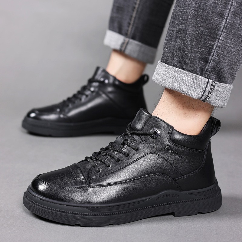 Invierno primera capa de piel de vaca de lana zapatos de algodón de los hombres de cuero genuino forrado de lana zapatos de cuero caliente casual de mediana edad papá zapatos de los hombres