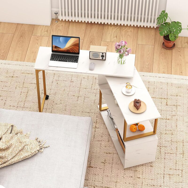 Free Rotating Sofa Side Table Modern L-Shaped Desk with Storage Bookcase and Headphone Hook