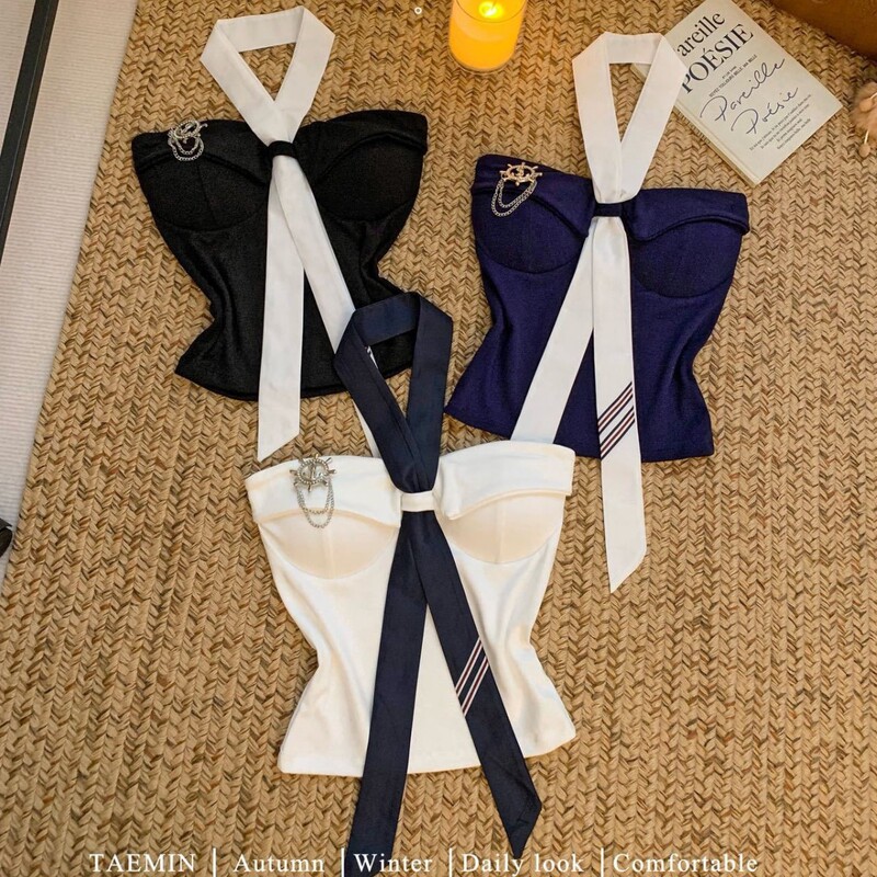 Trendy color-blocked halter neck tie off-shoulder backless tube top with chest pads, slim fit, fashionable and versatile top