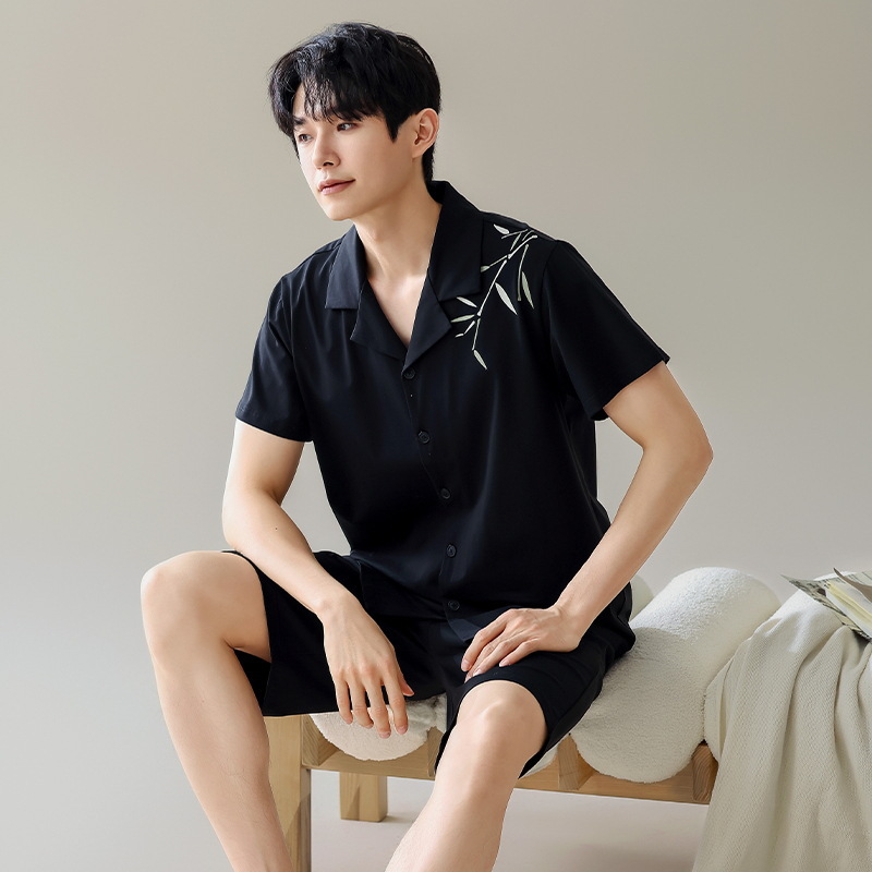 2025 verano pantalones cortos de manga corta pijama hombre bordado delgado algodón ropa casera casal de color sólido dos piezas de ropa exterior